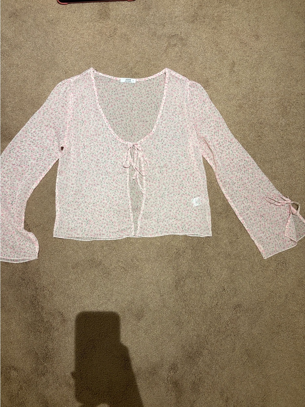 Ardene Pink Sheer Floral Tie-Front Blouse size small